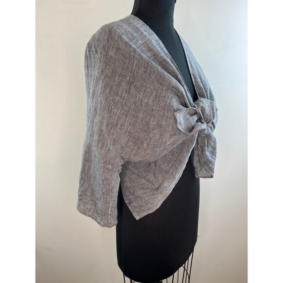 Kim Bernardin PARIS Lagenlook Gray Linen 3/4 Sleeve Tie Front Top Shrug M Medium - Picture 2 of 7